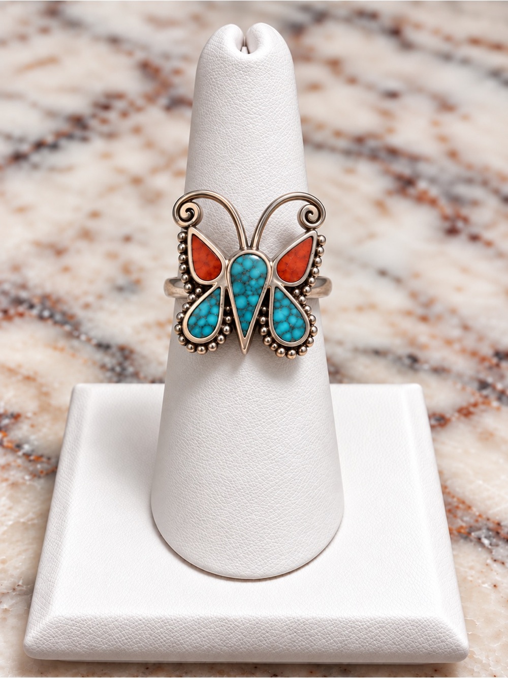 Vintage Butterfly Ring Inlaid Turquoise & Coral Size 7 Southwestern Style